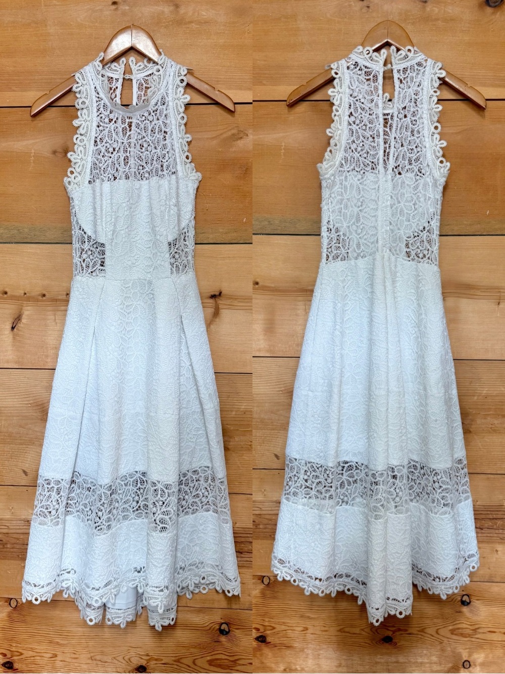 Nicholas white eyelet lace sleeveless illusion dress maxi a-line halter hi neck